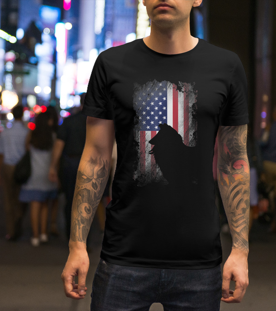 Rough Collie American Flag USA Patriotic Dog Silhouette T-Shirt