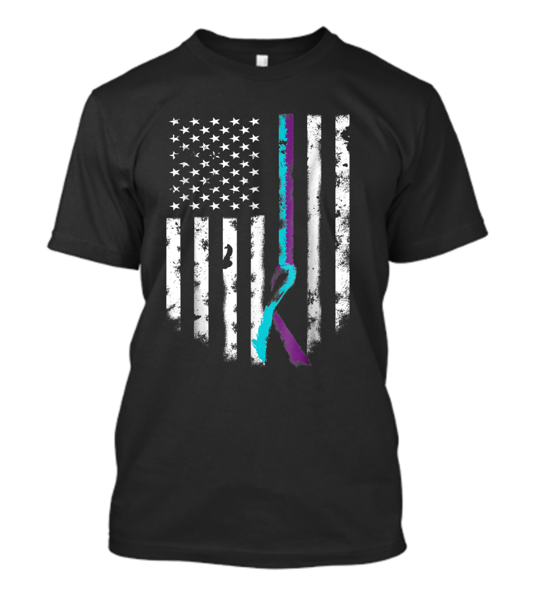 American Flag With Teal And Purple Ribbon Suicide Prevention Awareness T-Shirt