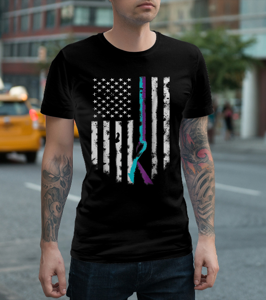 American Flag With Teal And Purple Ribbon Suicide Prevention Awareness T-Shirt