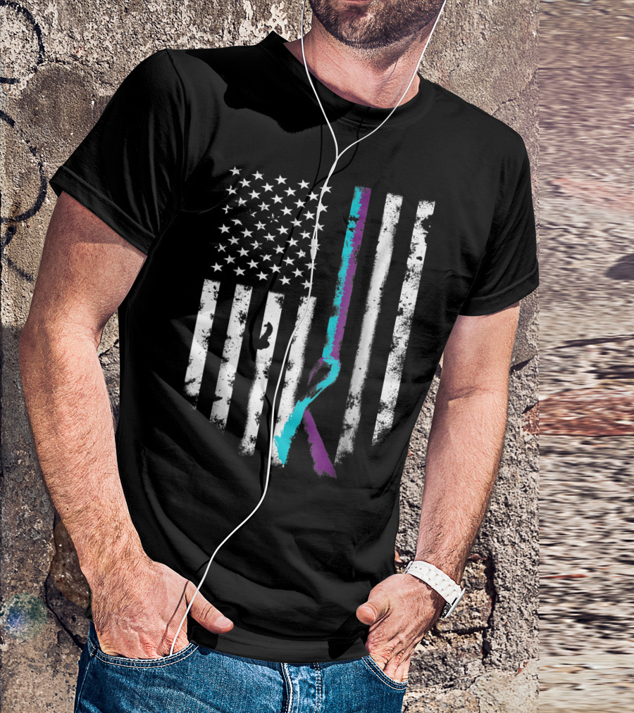 American Flag With Teal And Purple Ribbon Suicide Prevention Awareness T-Shirt