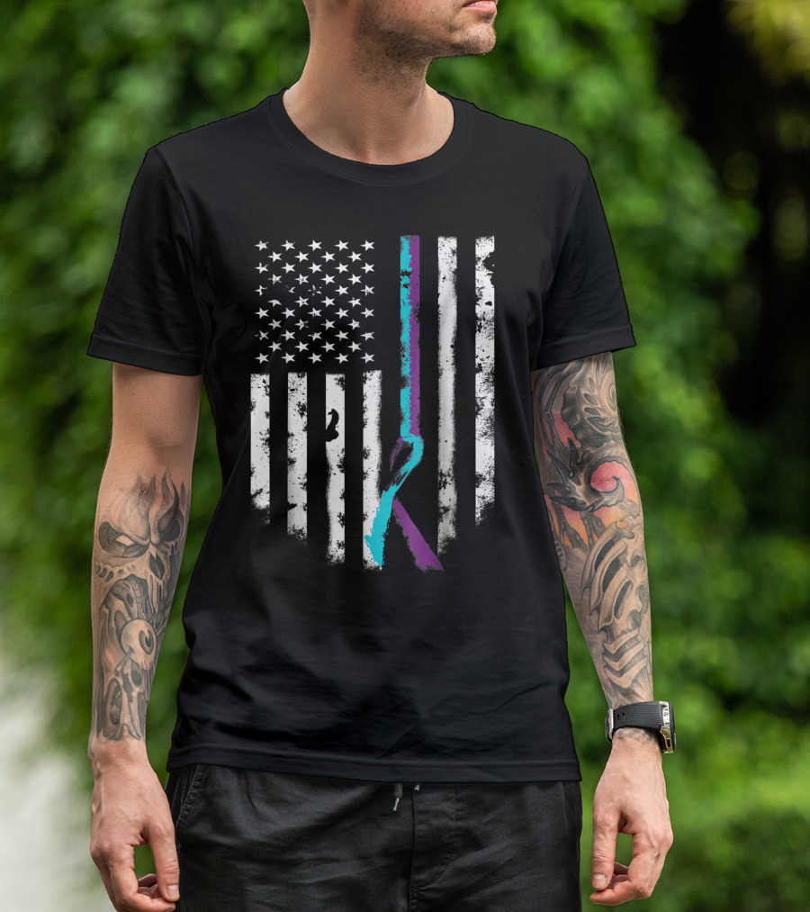 American Flag With Teal And Purple Ribbon Suicide Prevention Awareness T-Shirt