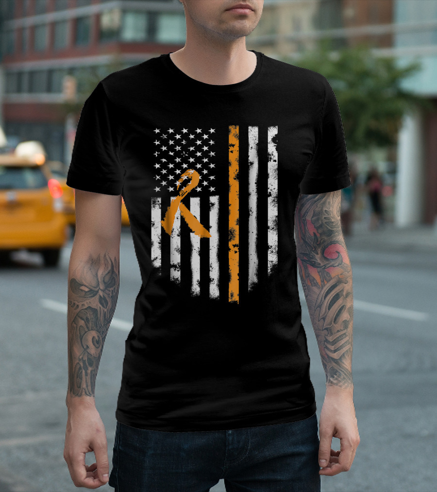 American Flag with MS Awareness Orange Ribbon T-Shirt