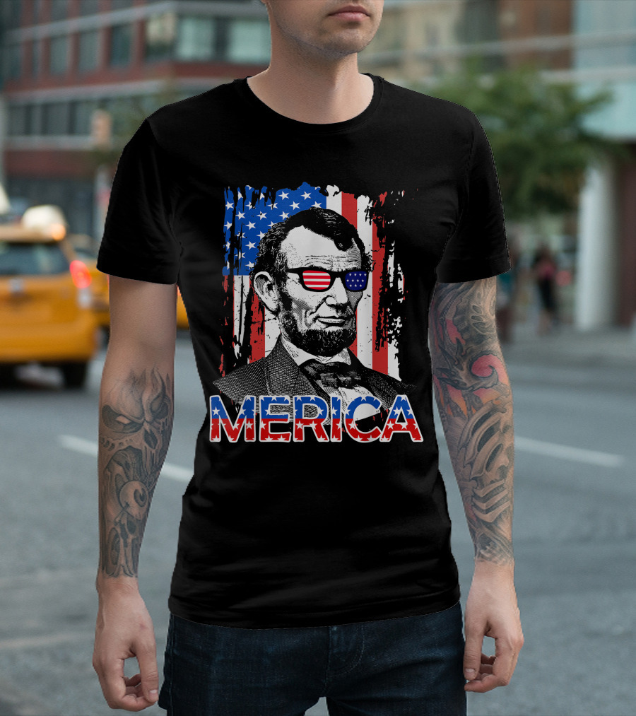 American Flag Merica Abe Lincoln 4th of July Patriotic Sunglasses T-Shirt