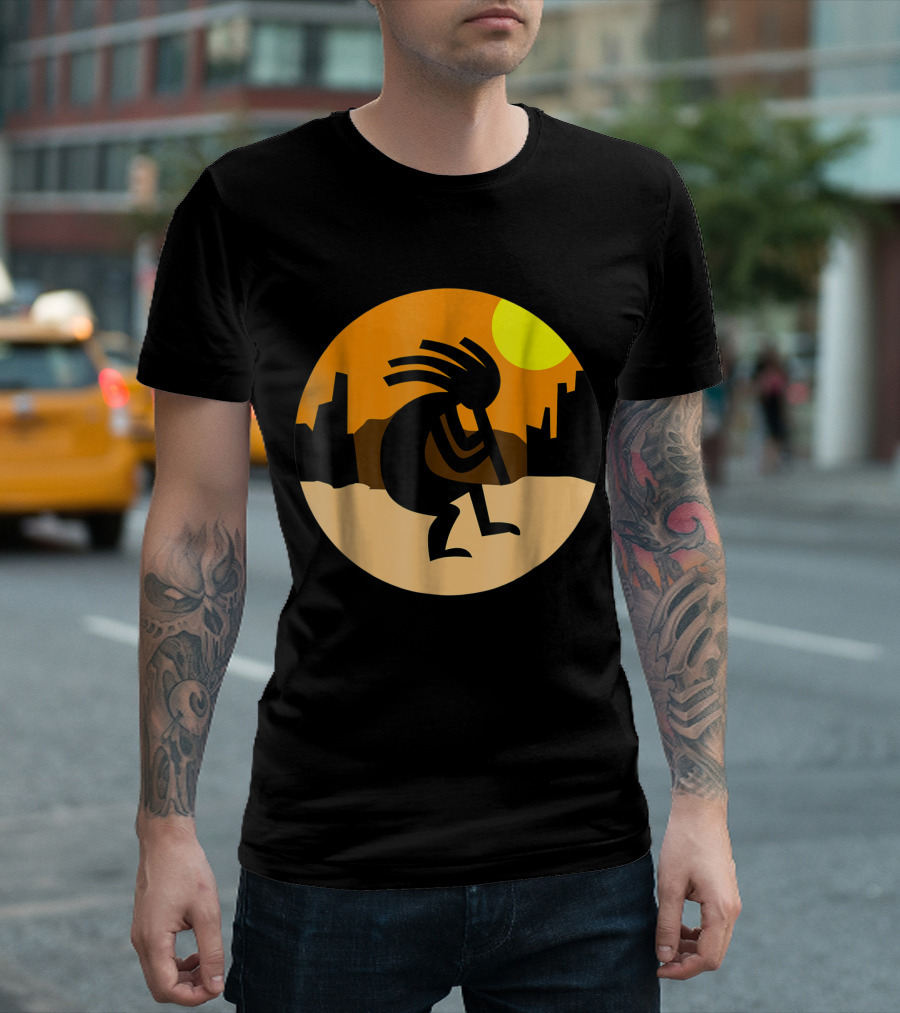 Kokopelli Native American Sunset Silhouette with Desert Sun Background T-Shirt