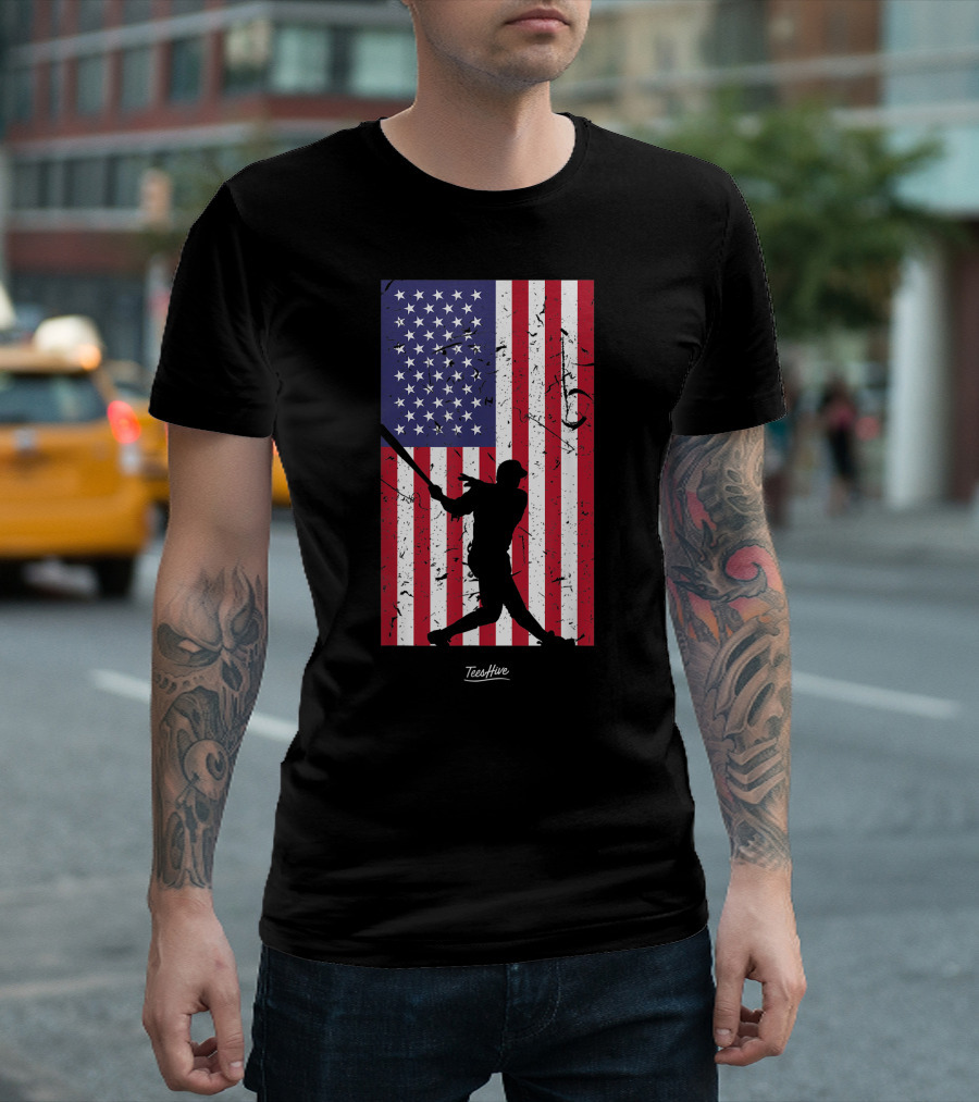 American Flag Baseball Love Distressed Baseball Player Silhouette Teeshive T-Shirt
