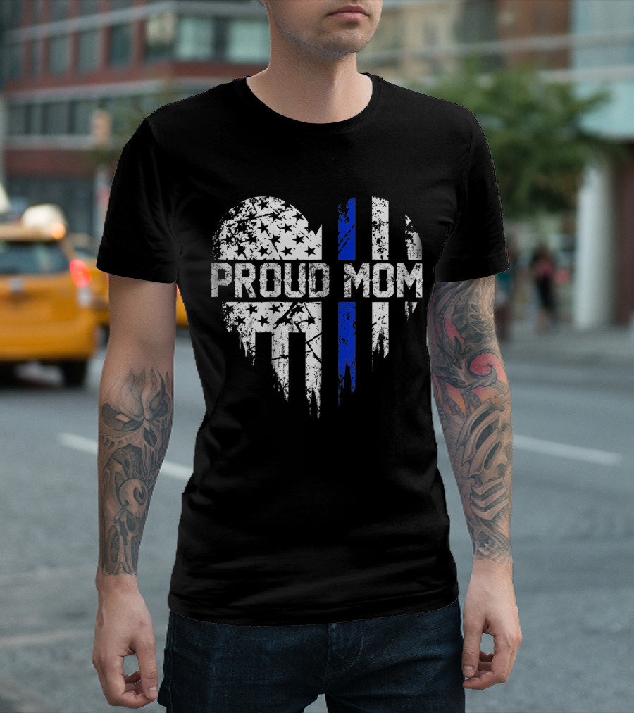 Proud Mom Thin Blue Line American Flag Heart T-Shirt