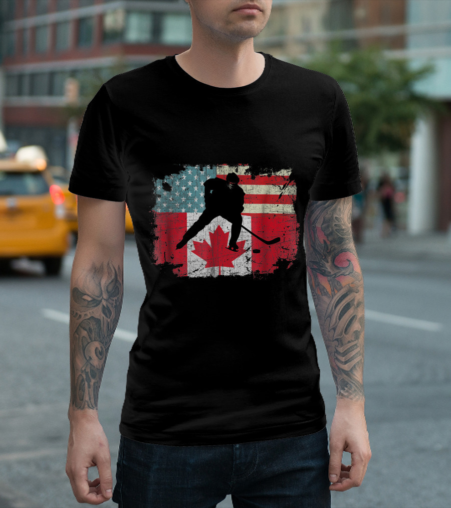 Distressed American Canadian Flag Hockey Lovers T-Shirt