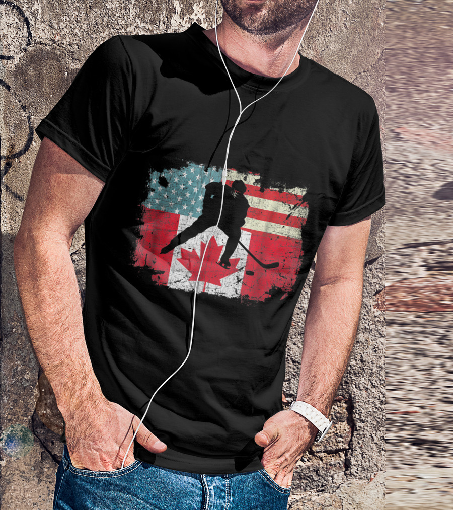 Distressed American Canadian Flag Hockey Lovers T-Shirt