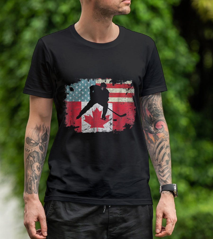 Distressed American Canadian Flag Hockey Lovers T-Shirt