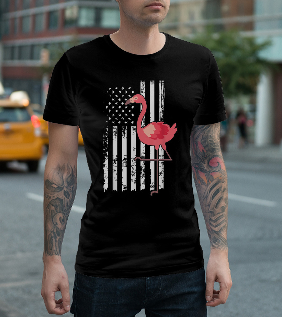 American Flag Pink Flamingo Independence Day USA Patriotic T-Shirt