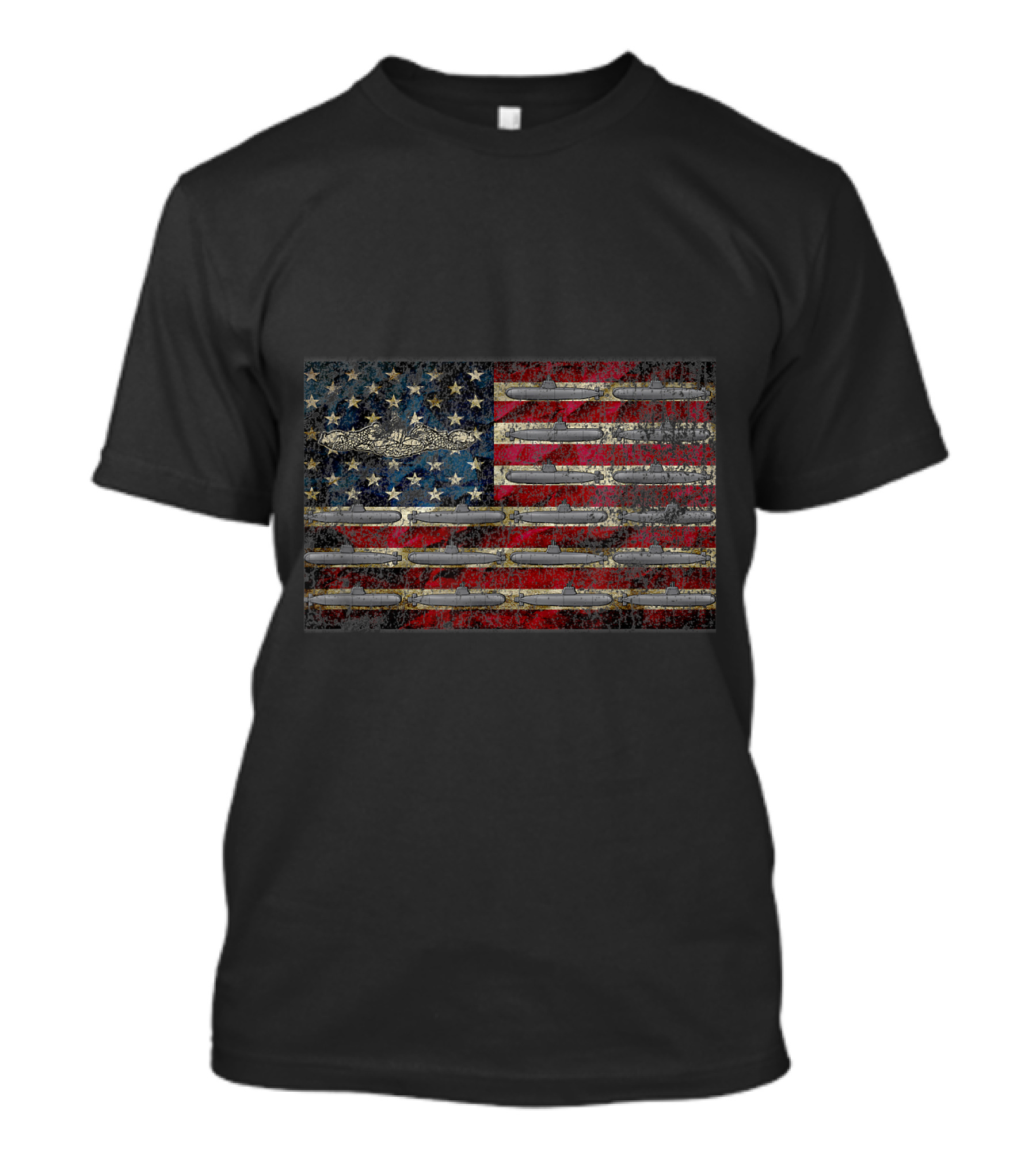 American Flag With Vintage Navy Submarine Warfare Insignia And Submarines T-Shirt