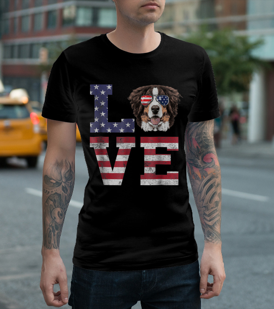 Love Bernese Mountain Dog American Flag Fourth Of July T-Shirt