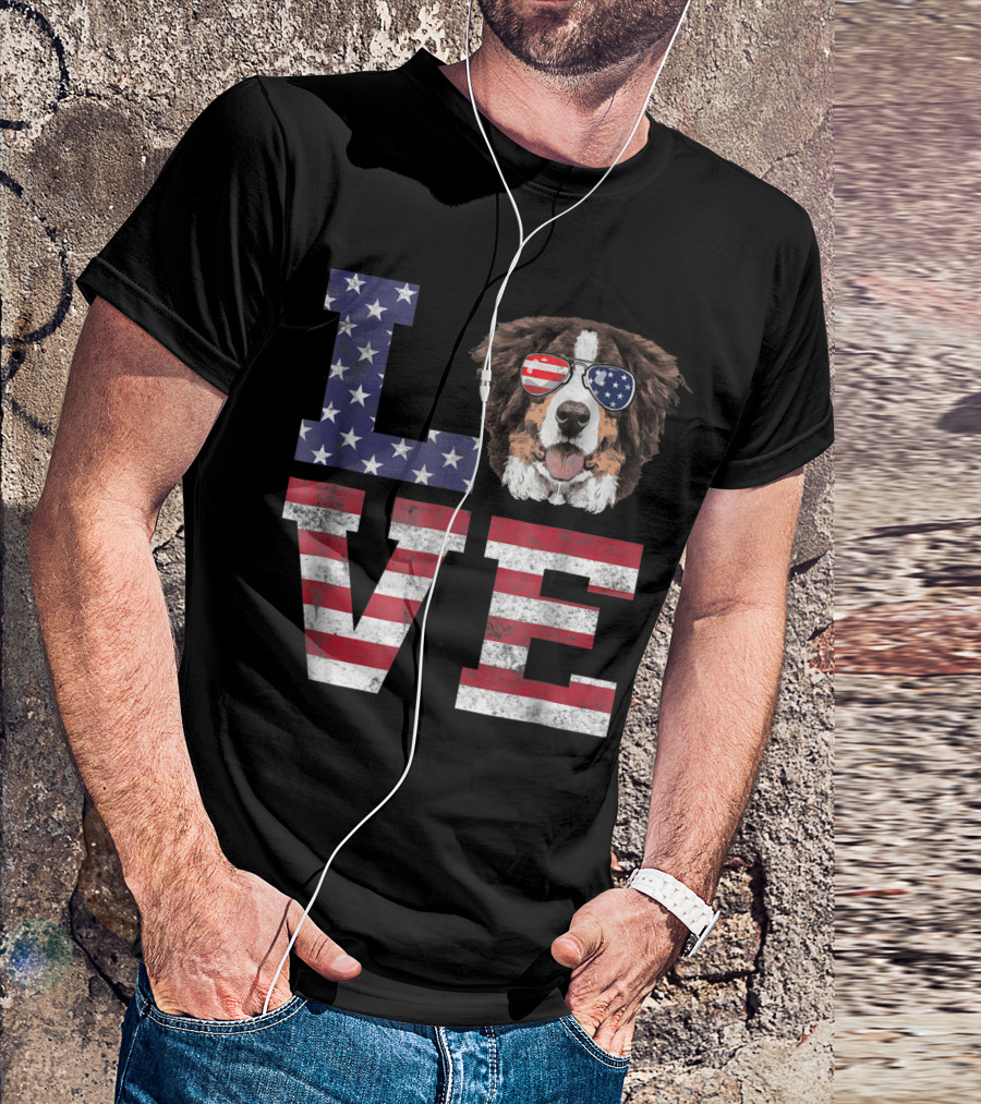 Love Bernese Mountain Dog American Flag Fourth Of July T-Shirt