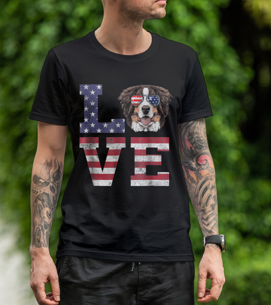 Love Bernese Mountain Dog American Flag Fourth Of July T-Shirt