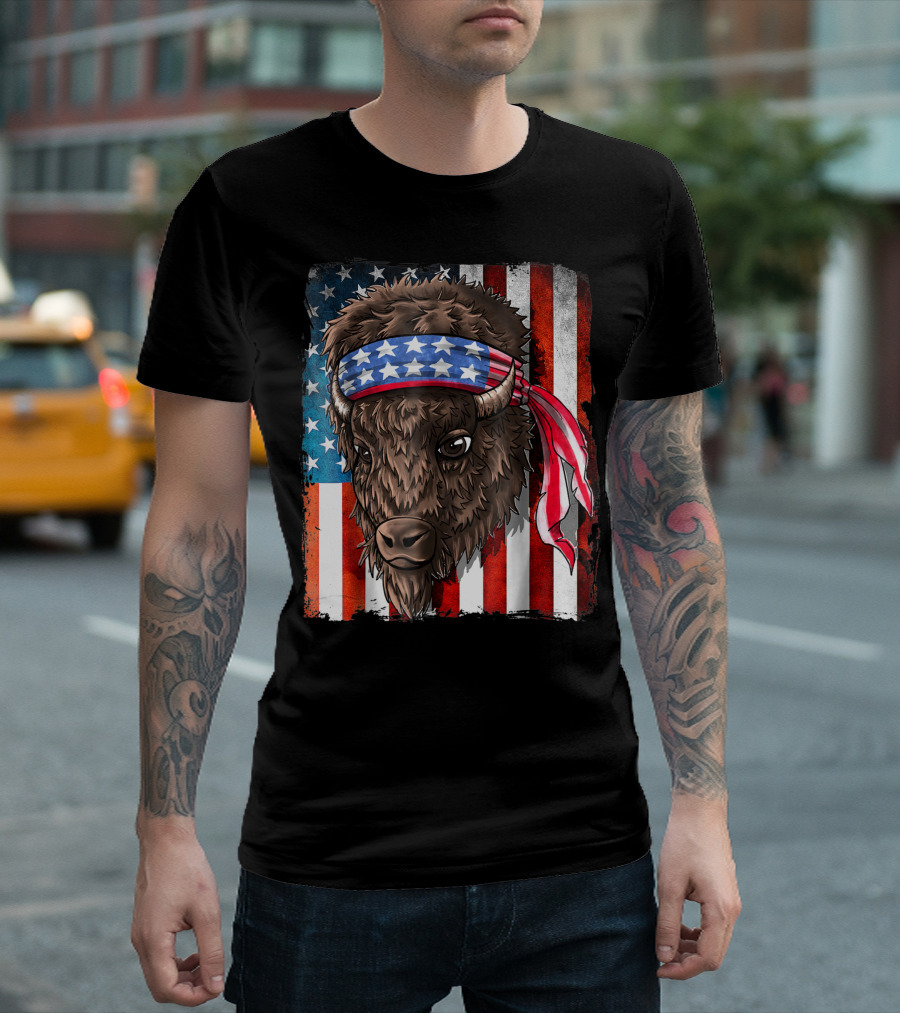American Flag USA Buffalo Bison Patriotic T-Shirt