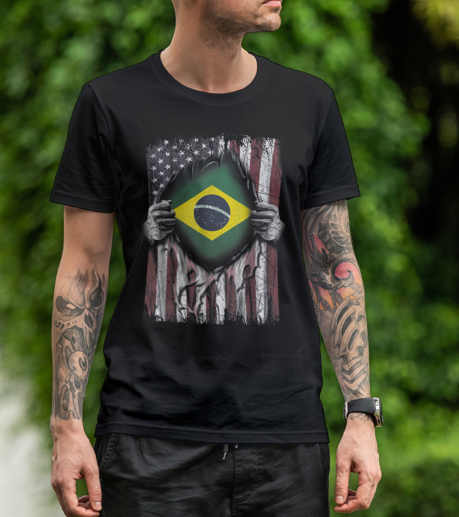 Super Brazil American Flag Fusion Brazilian Patriot Symbols T-Shirt