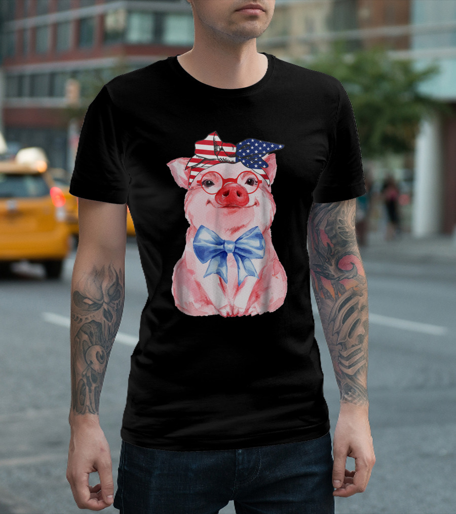 American Pig with Bandana and Bow 4th of July Cute Flag T-Shirt