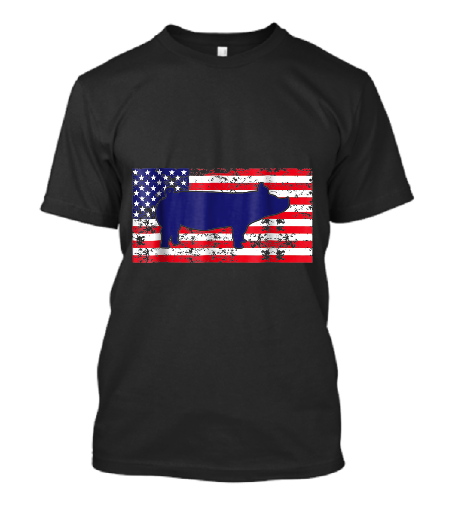 Pig Farmer Merica Distressed American Flag Blue Pig Silhouette T-Shirt