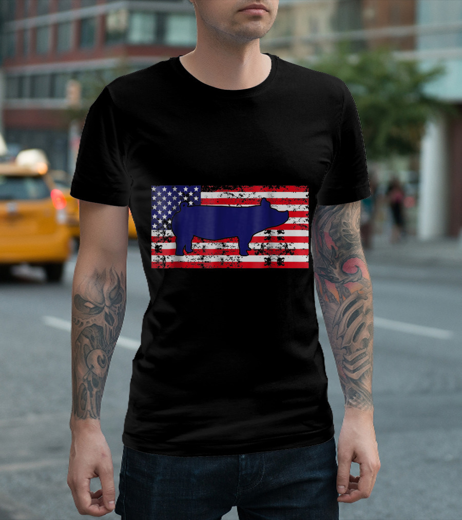 Pig Farmer Merica Distressed American Flag Blue Pig Silhouette T-Shirt