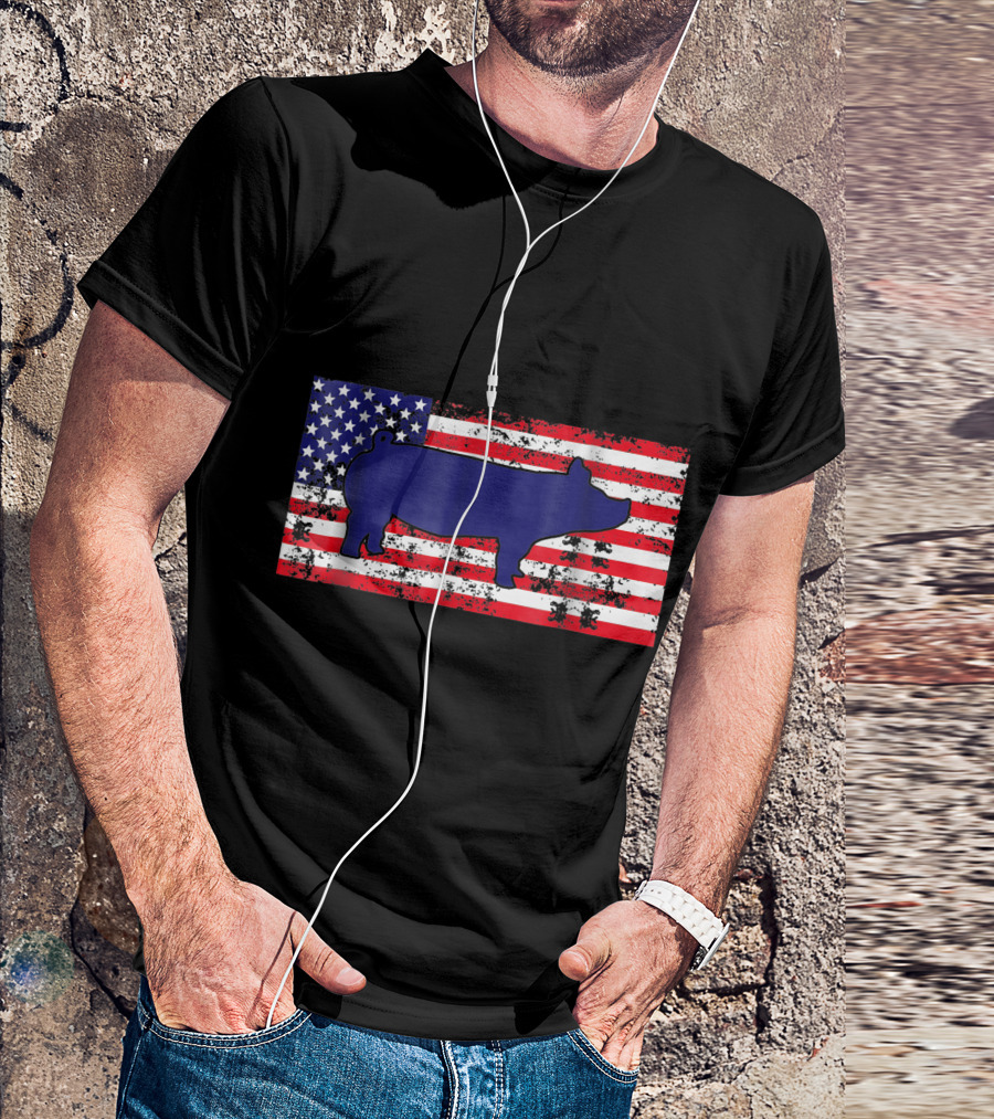 Pig Farmer Merica Distressed American Flag Blue Pig Silhouette T-Shirt