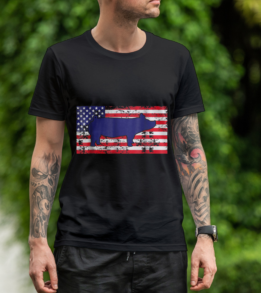 Pig Farmer Merica Distressed American Flag Blue Pig Silhouette T-Shirt