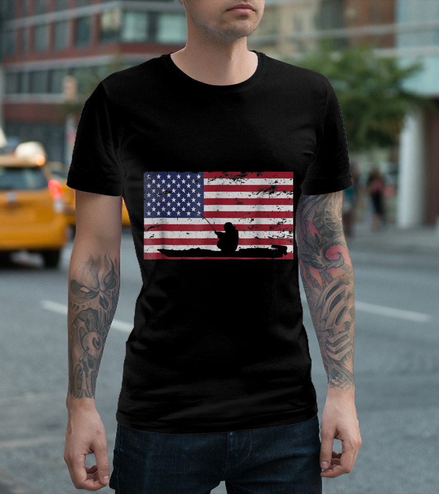 Kayak Fishing American Flag T-Shirt