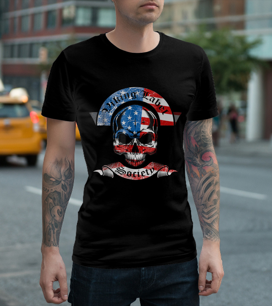 Viking Label Society Skull With American Flag Elements T-Shirt