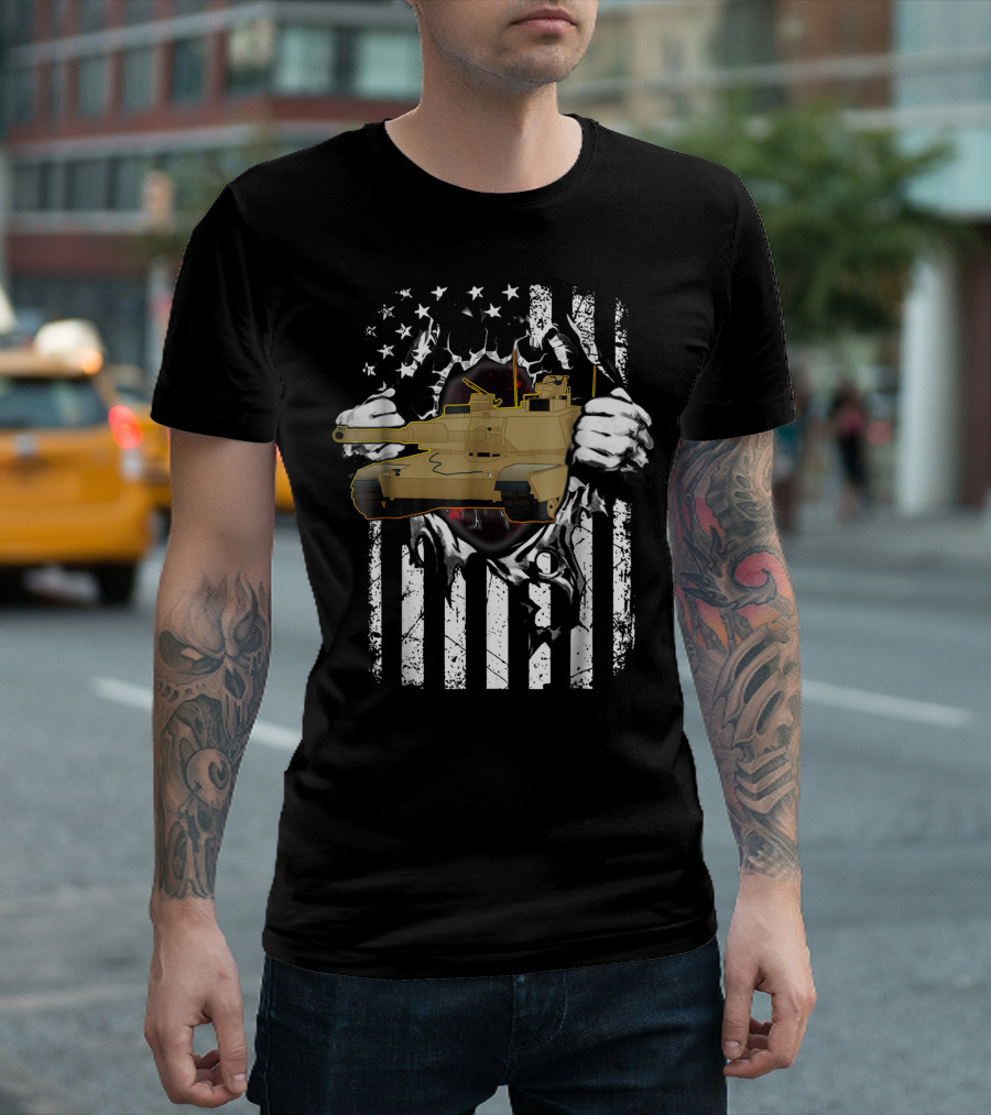 M1 Abrams Tank with American Flag Background Veterans T-Shirt