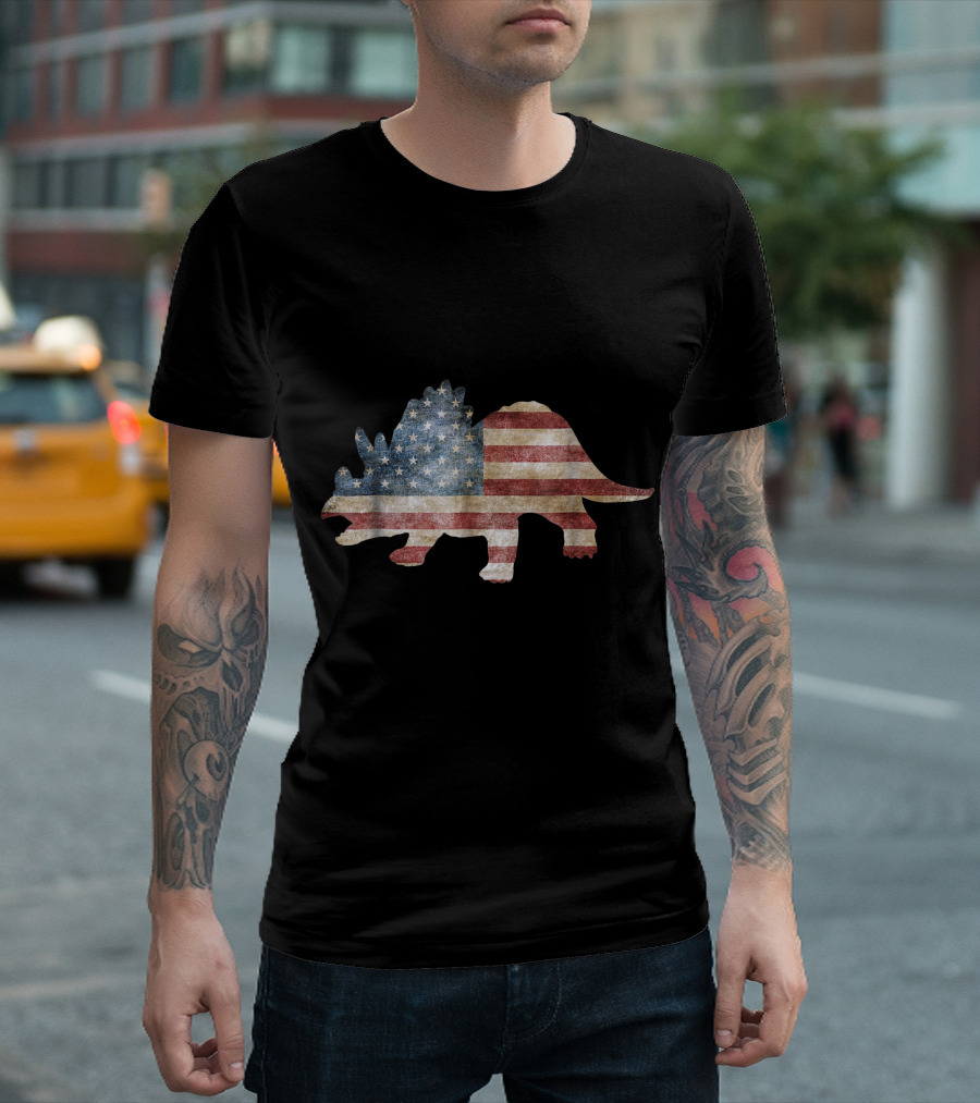 Dino Triceratops American Flag 4th Of July USA T-Shirt