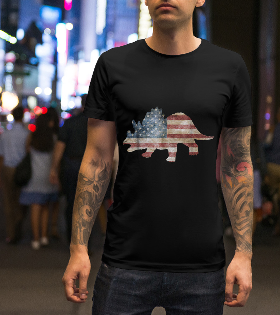 Dino Triceratops American Flag 4th Of July USA T-Shirt
