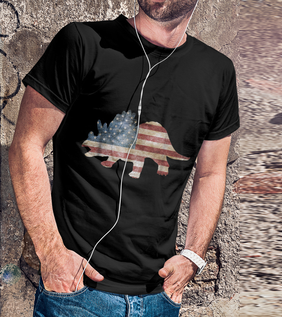 Dino Triceratops American Flag 4th Of July USA T-Shirt