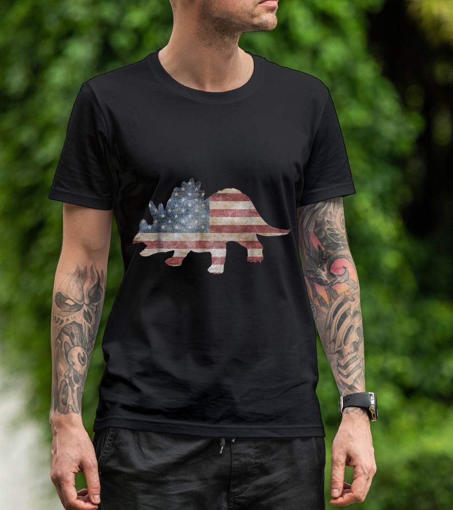 Dino Triceratops American Flag 4th Of July USA T-Shirt