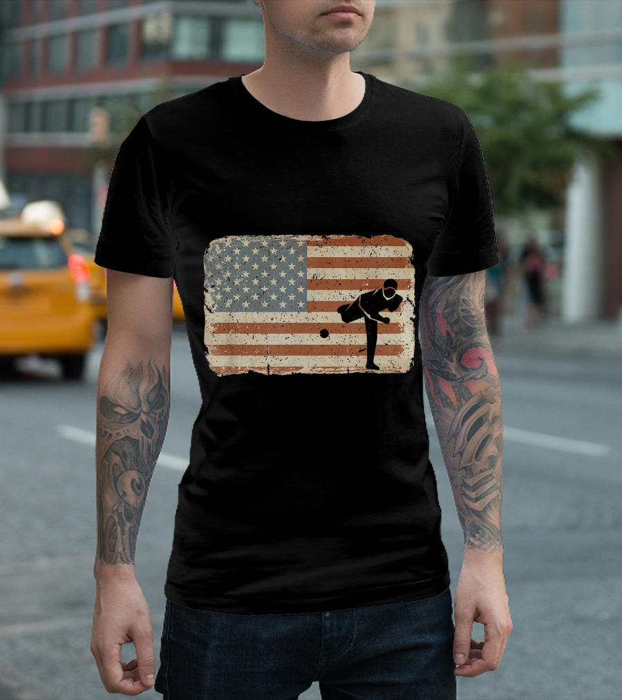 Vintage American Flag Baseball Pitcher T-Shirt