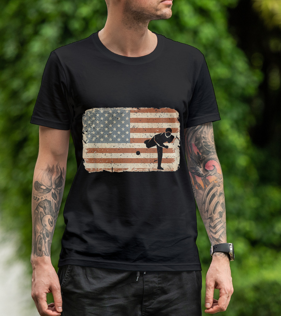Vintage American Flag Baseball Pitcher T-Shirt