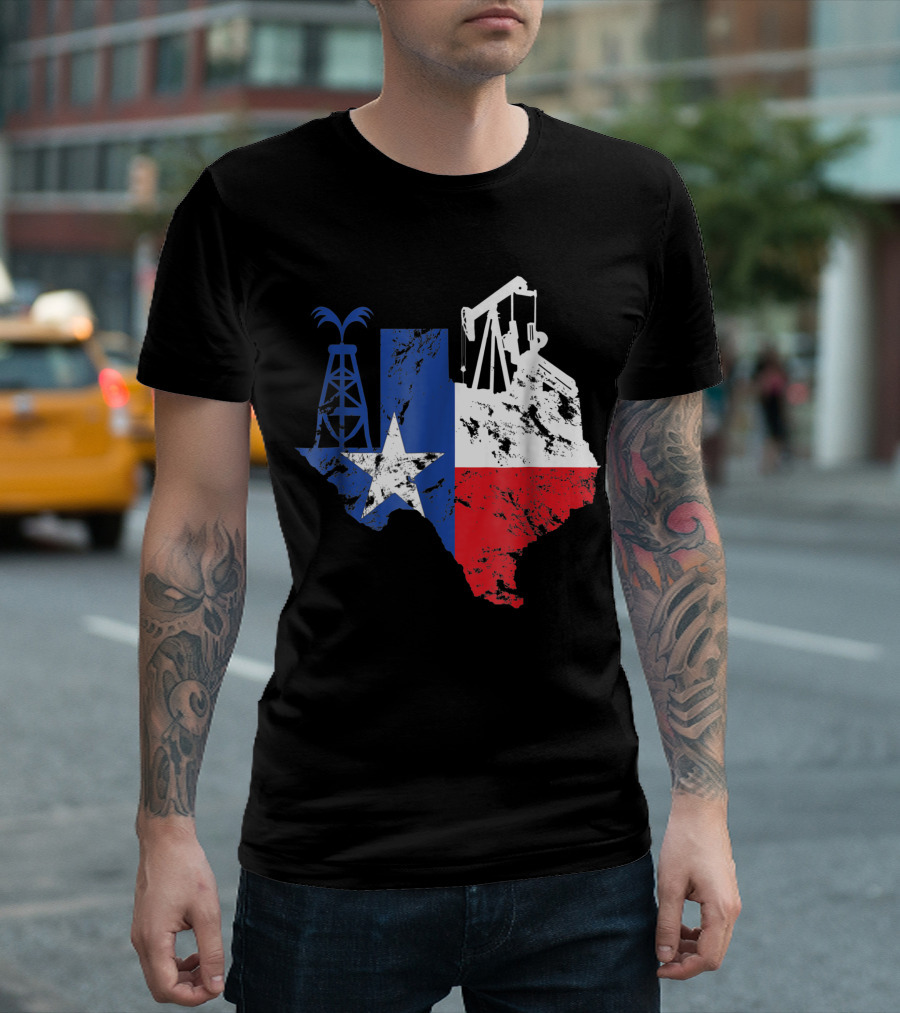 Proud American Oil Worker Texas Oilfield Man With Star And Oil Rigs T-Shirt