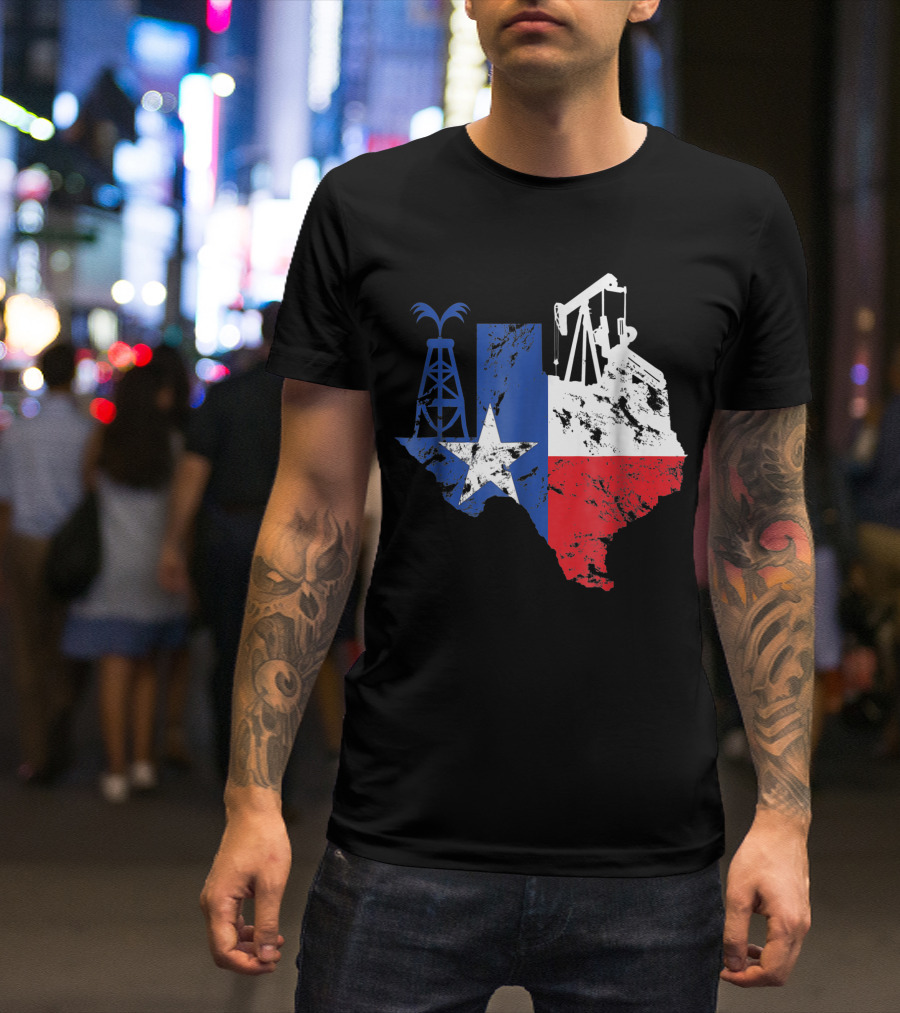 Proud American Oil Worker Texas Oilfield Man With Star And Oil Rigs T-Shirt