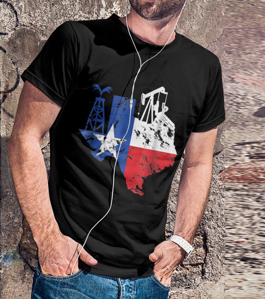 Proud American Oil Worker Texas Oilfield Man With Star And Oil Rigs T-Shirt