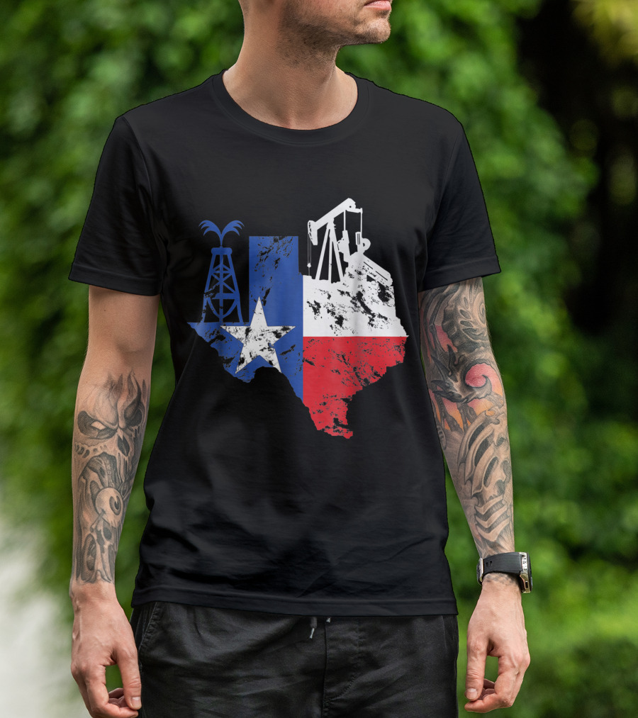 Proud American Oil Worker Texas Oilfield Man With Star And Oil Rigs T-Shirt
