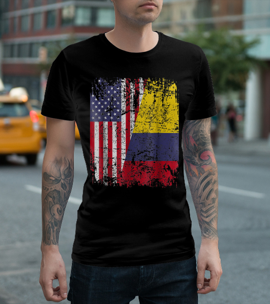Colombian Roots Half American Flag Distressed Colombia Flag T-Shirt