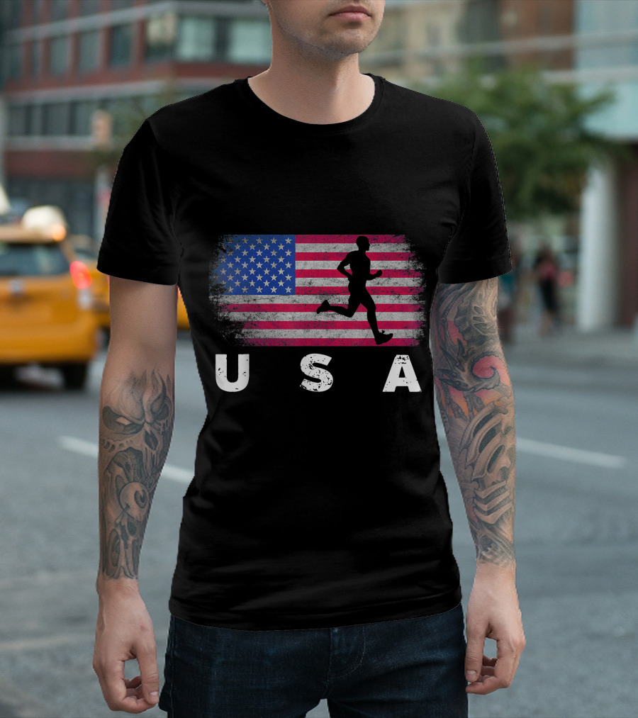 USA American Flag Runner Track Field T-Shirt