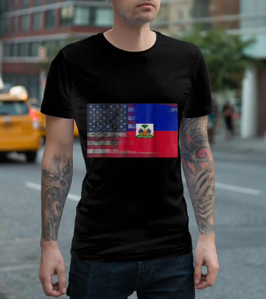 Haitian American Dual Flags With Worn Stars And Stripes Half Haiti Half America T-Shirt