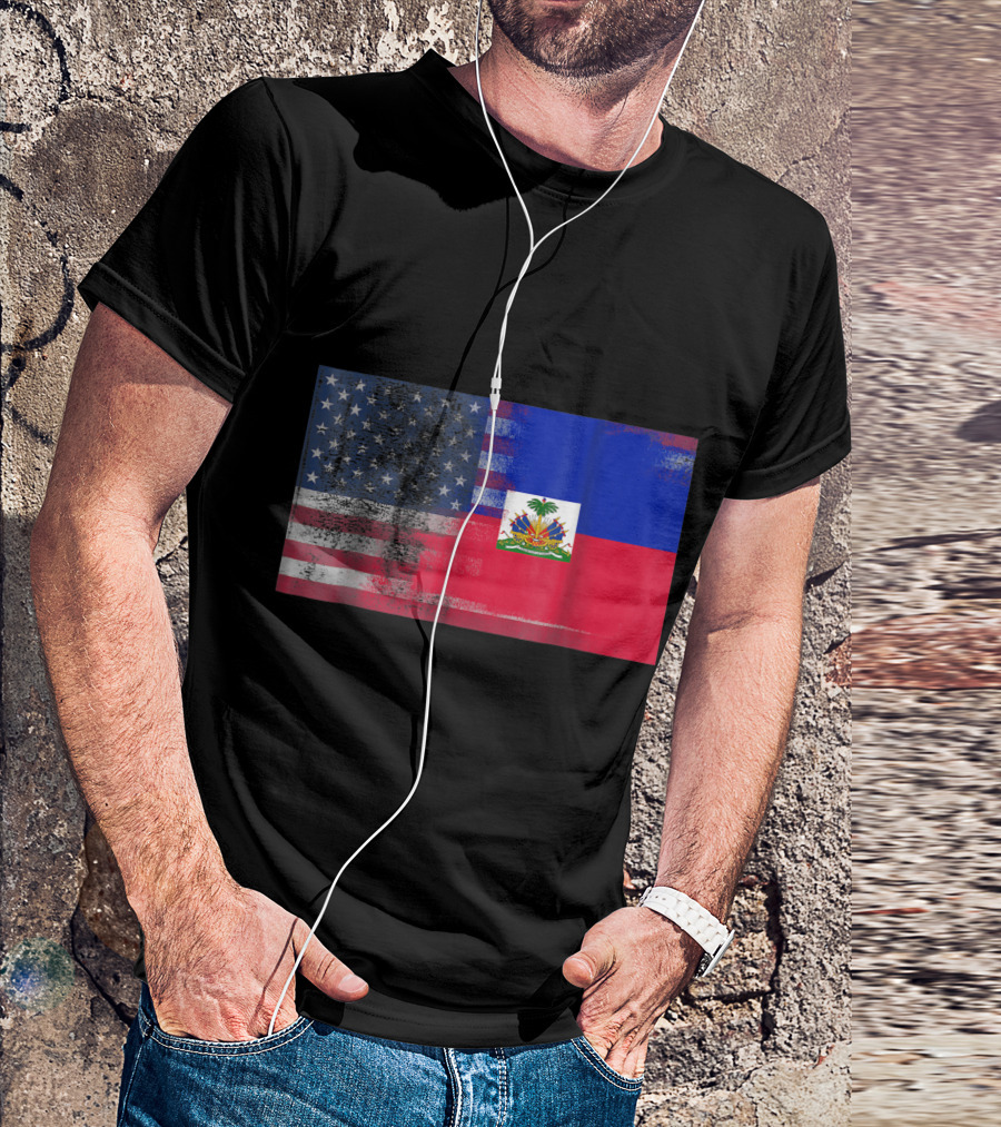Haitian American Dual Flags With Worn Stars And Stripes Half Haiti Half America T-Shirt
