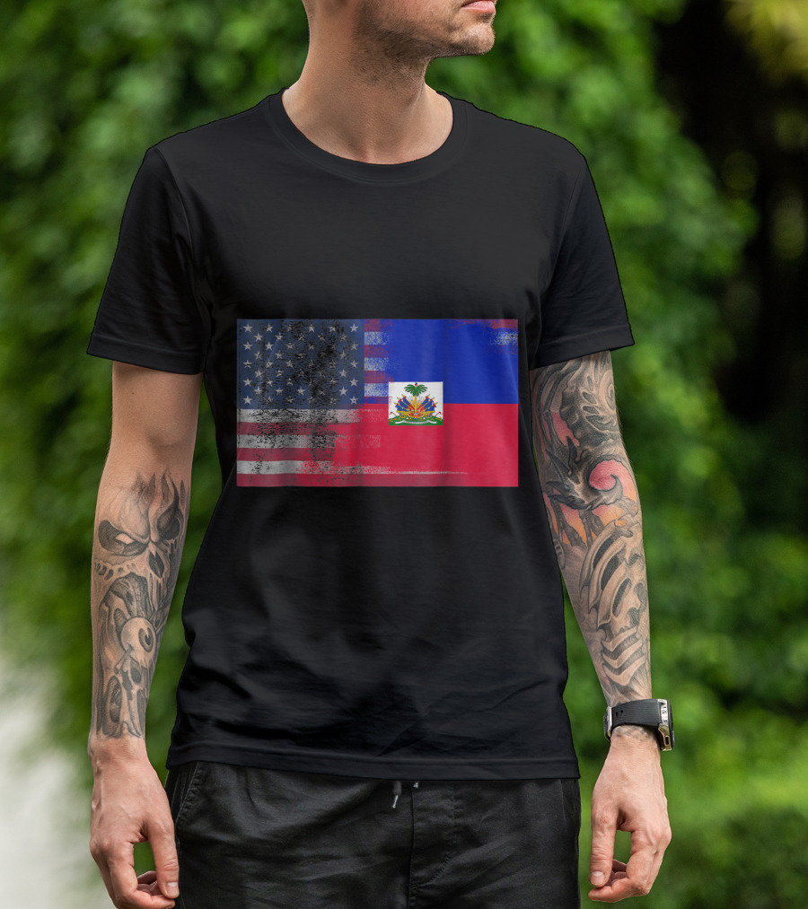 Haitian American Dual Flags With Worn Stars And Stripes Half Haiti Half America T-Shirt