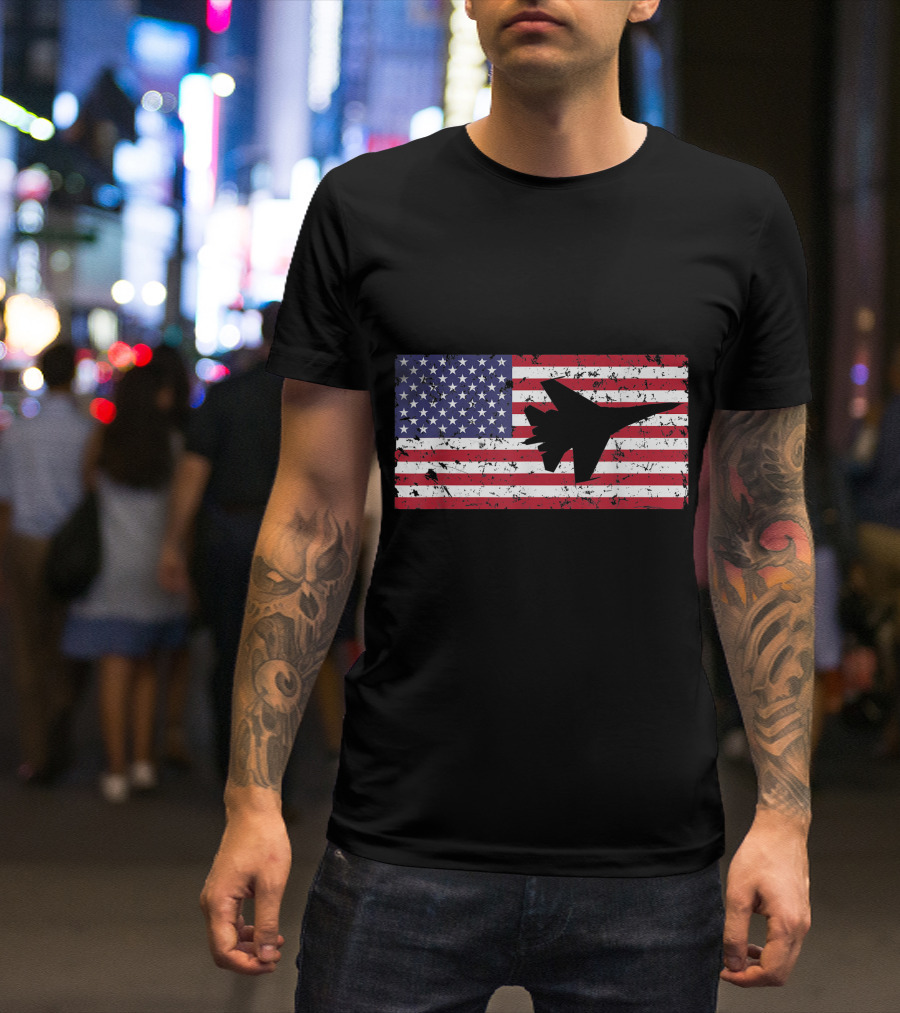 American Flag Air Force War Plane Silhouette Patriotic T-Shirt