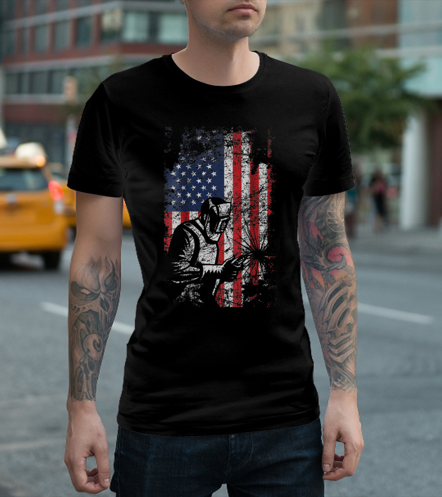 Welding Welder American Flag Distressed Image Back T-Shirt