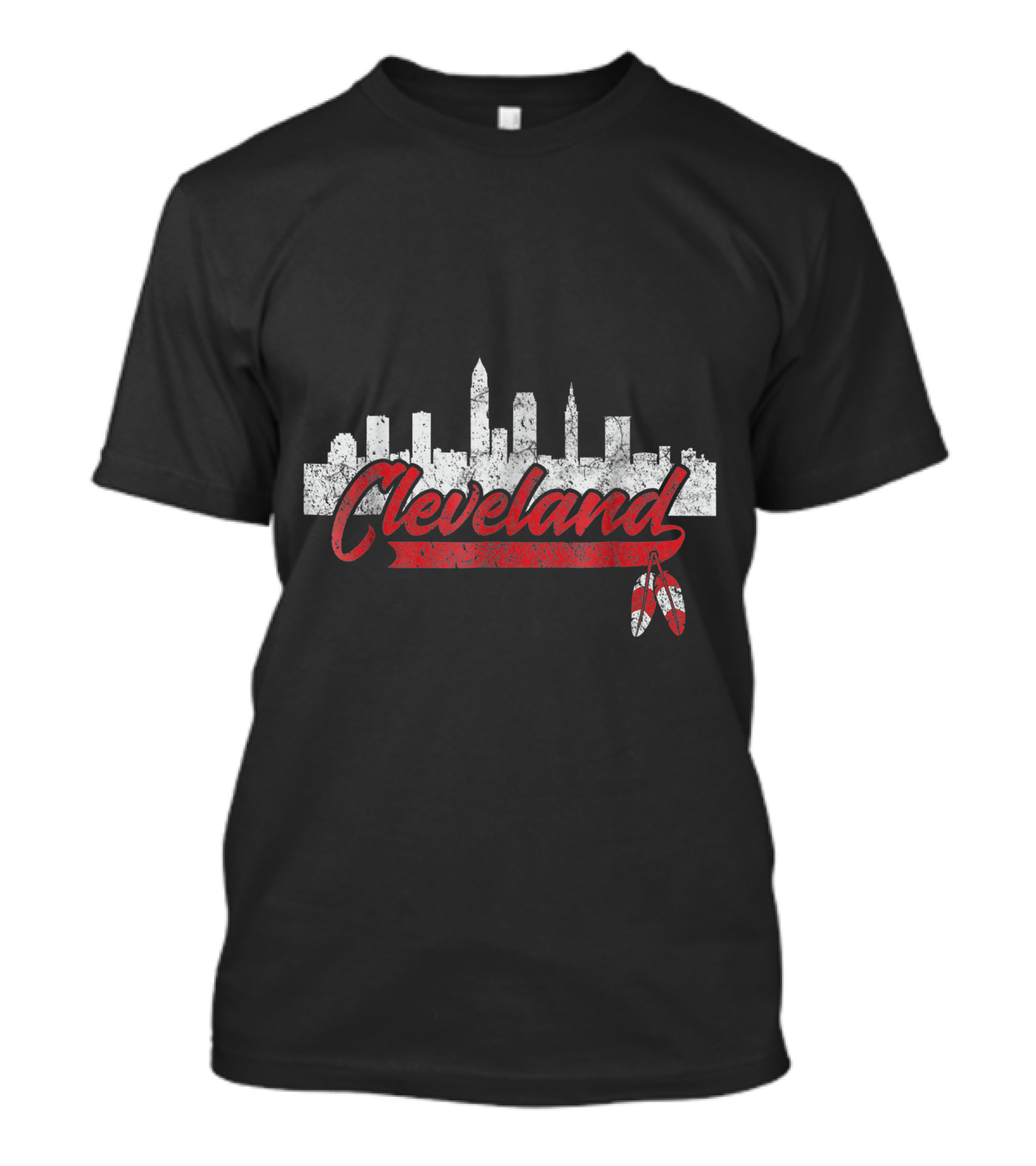 Cleveland Skyline With Native American Feather Motif And Text T-Shirt