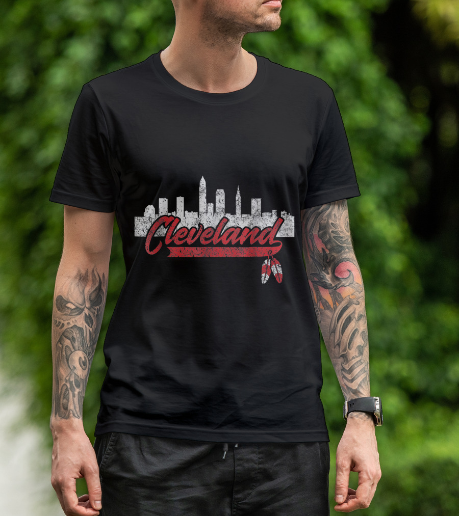 Cleveland Skyline With Native American Feather Motif And Text T-Shirt