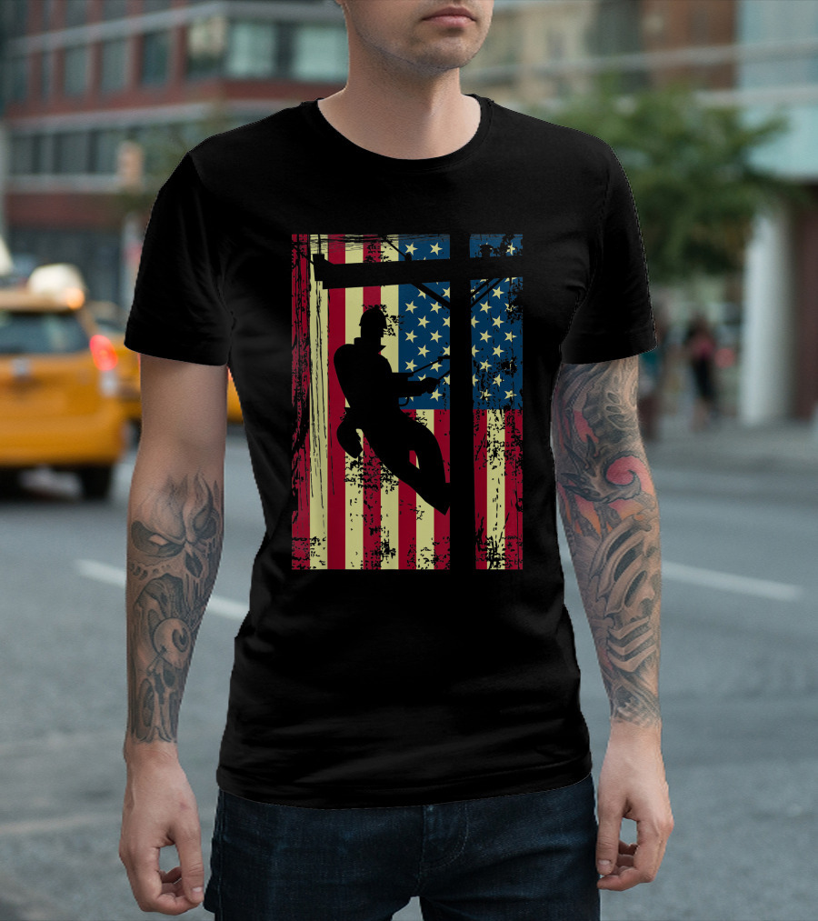 Lineman American Flag Electric Cable Worker T-Shirt