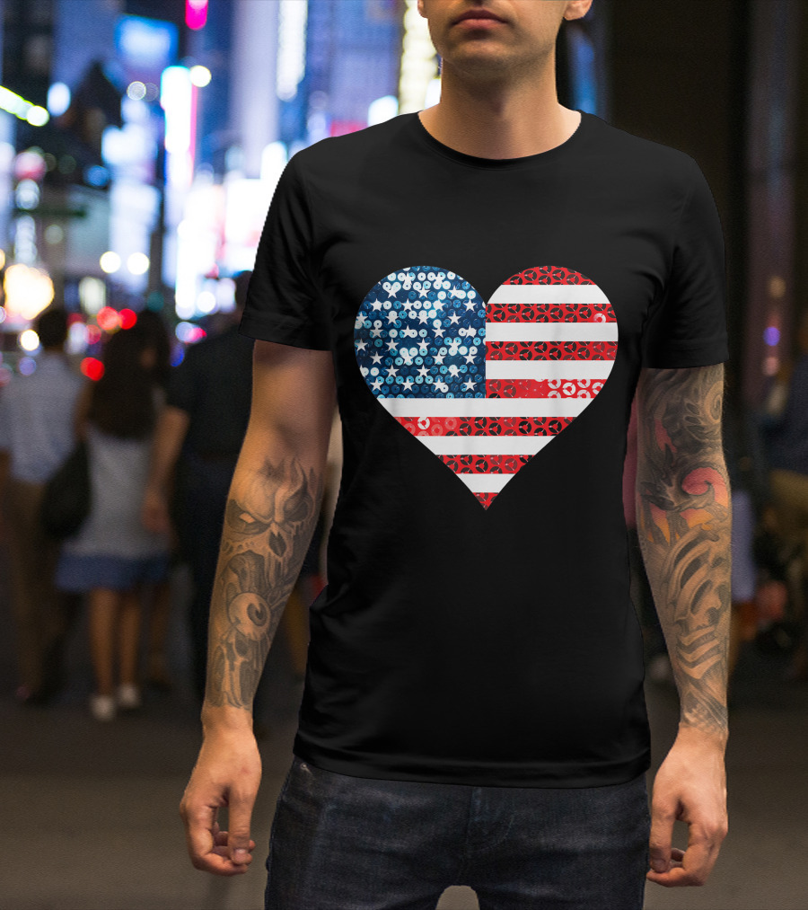 Usa Heart American Flag Murica Sequin T-Shirt