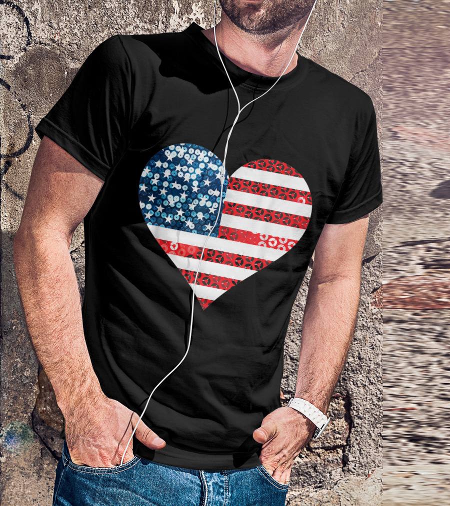 Usa Heart American Flag Murica Sequin T-Shirt